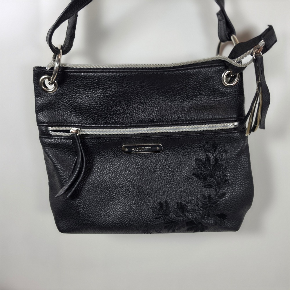 Rosetti Black Pebbled Faux Leather Floral Embroidered Crossbody Bag Silver Trim